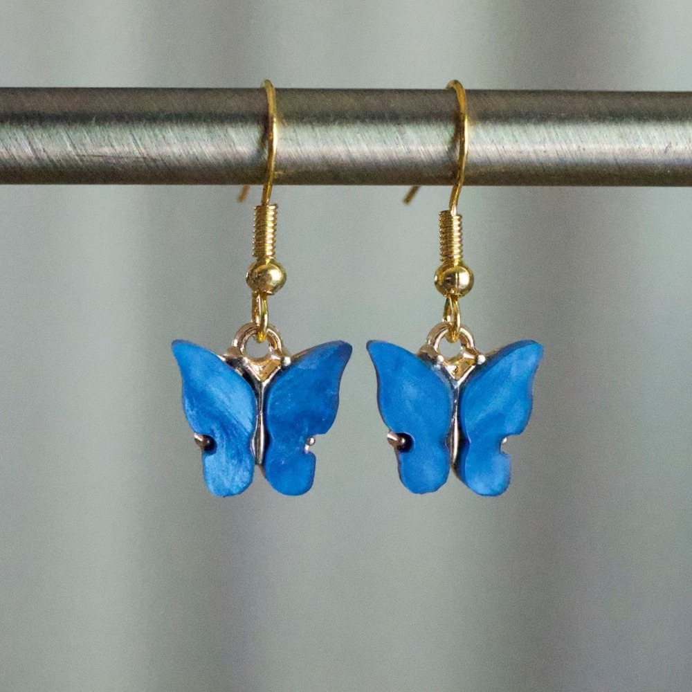 Handmade Blue Butterfly‎ Drop Earrings Gold Tone Acrylic Resin Dangle Jewelry
